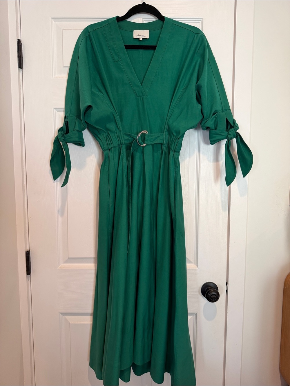 Phillip Lim Emerald Green V-Neck Belted Maxi Dress with Tie Sleeves.